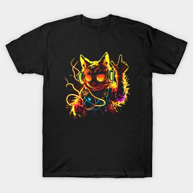 Cat DJ Decks 80's 90's Retro Neon Clubbers Rave Party T-Shirt by Tellingmoon